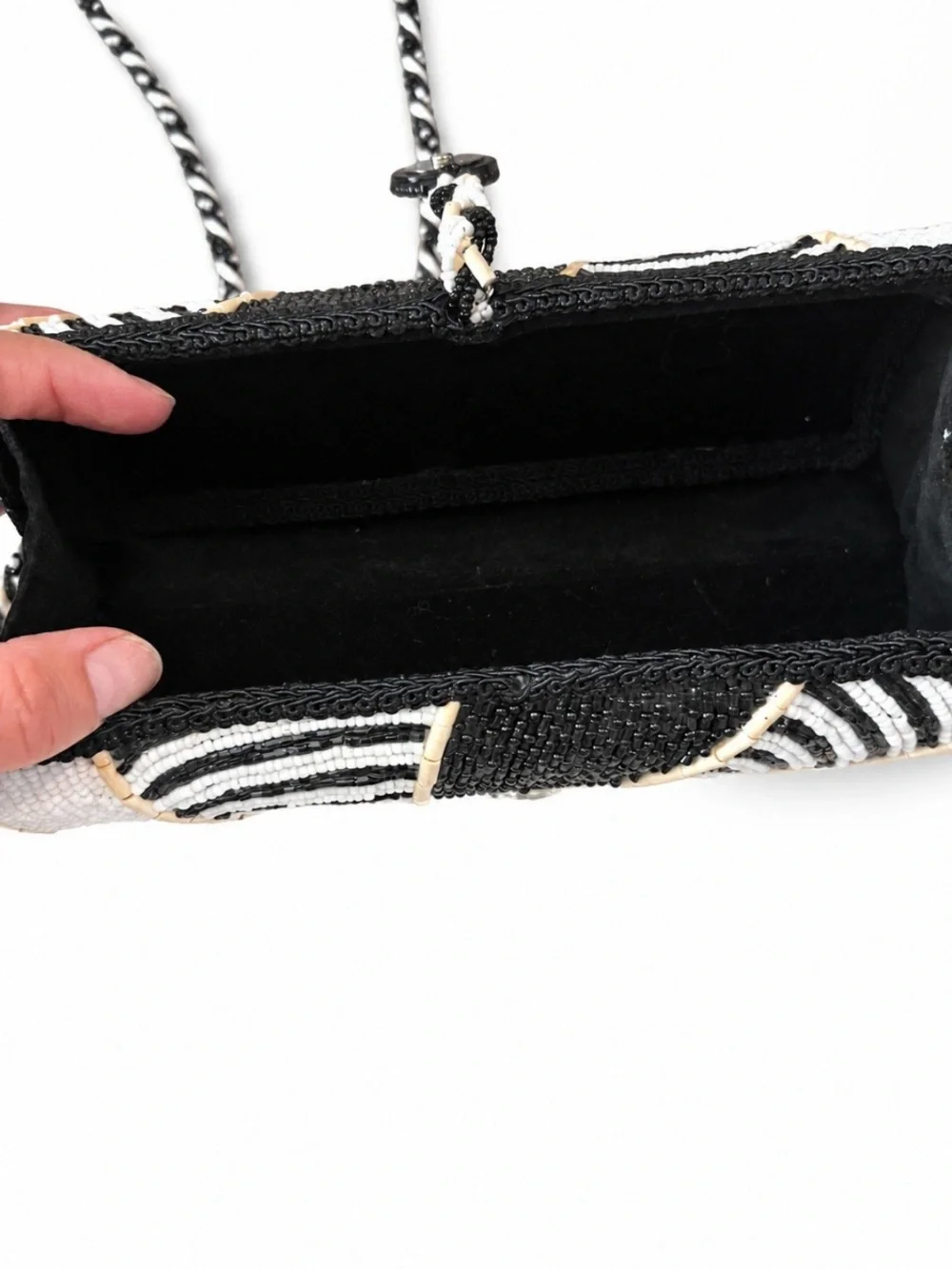 Mary Frances Black & White Geometric Beaded Crossbody Clutch Bag